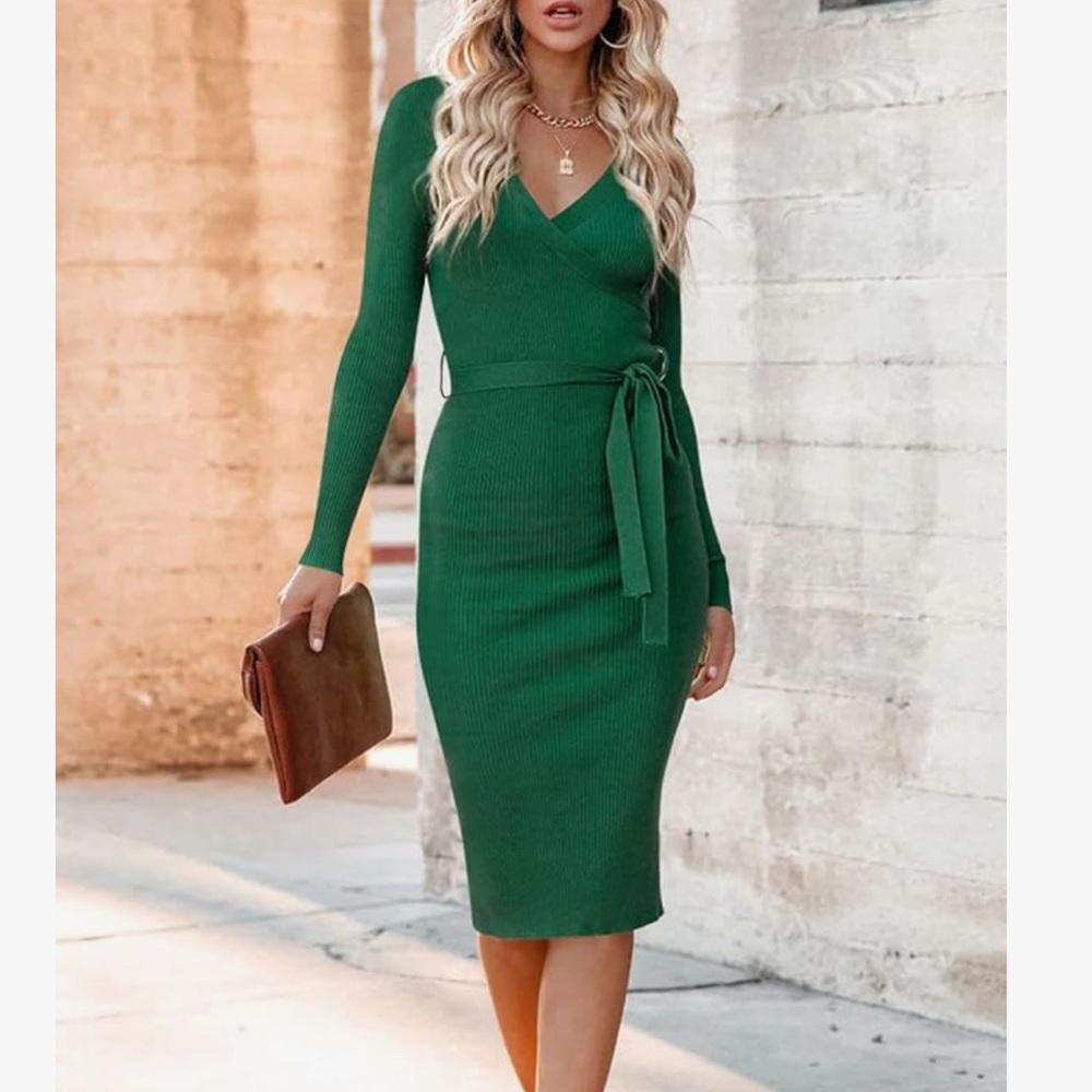 Women’s wrap neck long sleeve body con midi sweater dress knit belted dress S